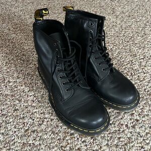Dr. Martens Black Leather Lace-Up Combat Boots with Yellow Stitching